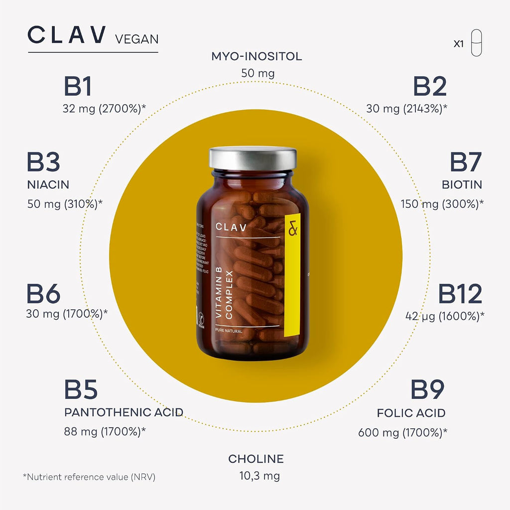 CLAV Vitamin B Complex - 120 Cápsulas - Todas las 8 Vitaminas B con Cofactores Mio-Inositol y Colina - Contribuye al Metabolismo Energético - Vegano - Fabricado en Alemania