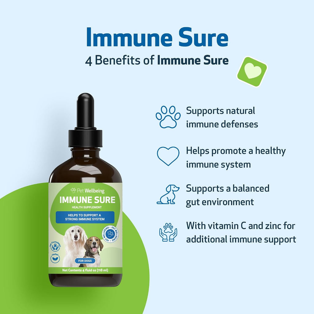 Pet Wellbeing Immune Sure para Perros - Apoya las Defensas Inmunitarias Normales, Equilibrio de la Flora Intestinal, Andrographis, Echinacea, Vitamina C, Zinc - Suplemento Herbario Formulado por Veterinarios 118 ml