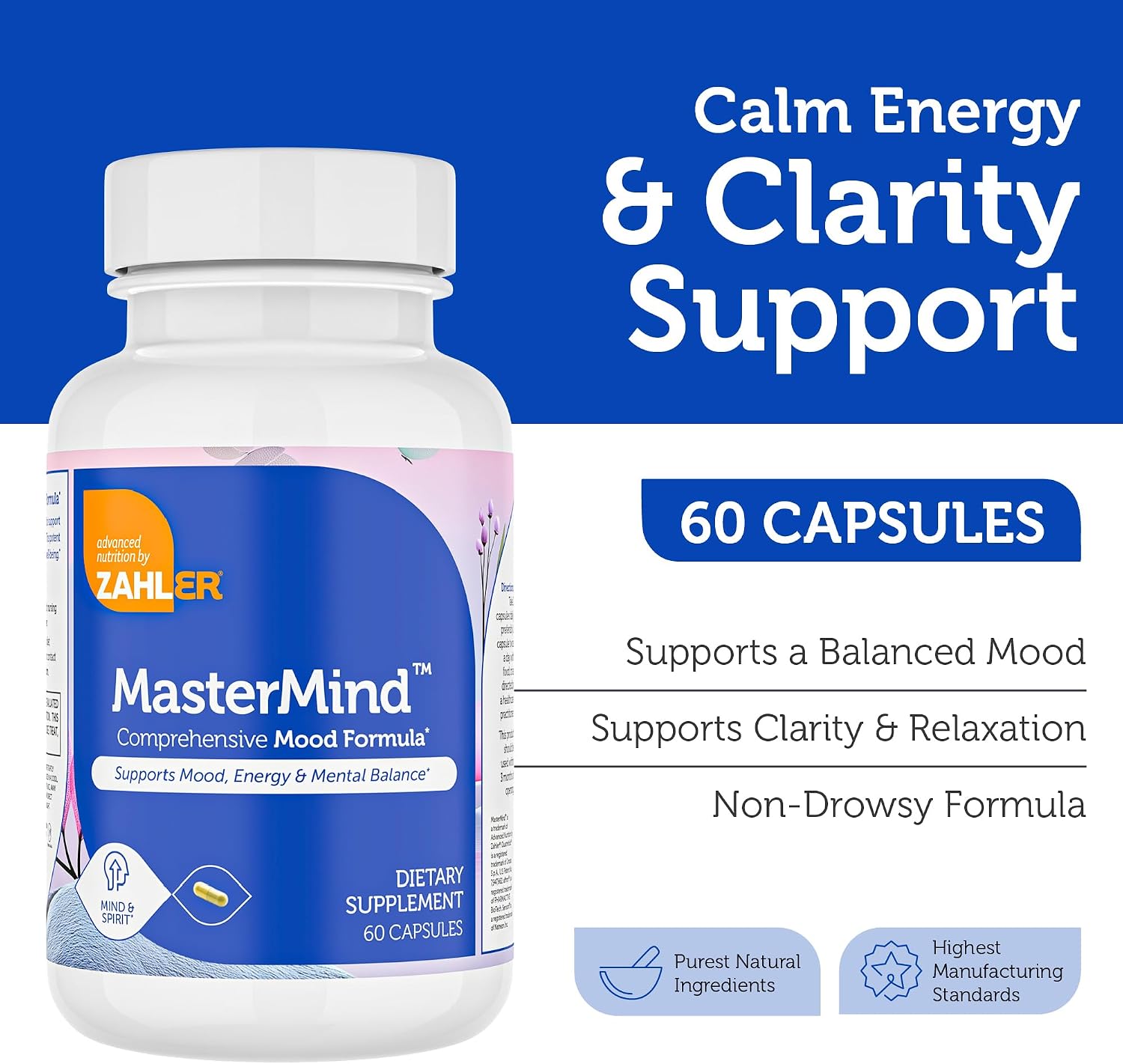 Zahler Mastermind, Fórmula Completa para el Estado de Ánimo, Apoya la Relajación y el Equilibrio Mental, Certificado Kosher, 60 Cápsulas