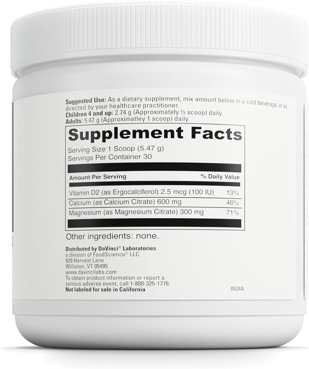DAVINCI Labs Cal-Mag Citrate Powder — Calcio, Magnesio y Vitamina D2