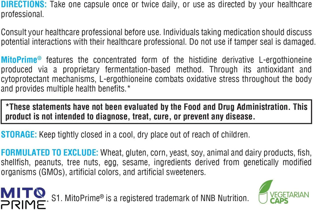 XYMOGEN MitoPrime - Suplemento de L-Ergotioneína - Apoyo Antioxidante Mitocondrial y Celular - Sin Gluten, Vegano y No GMO - 30 Cápsulas