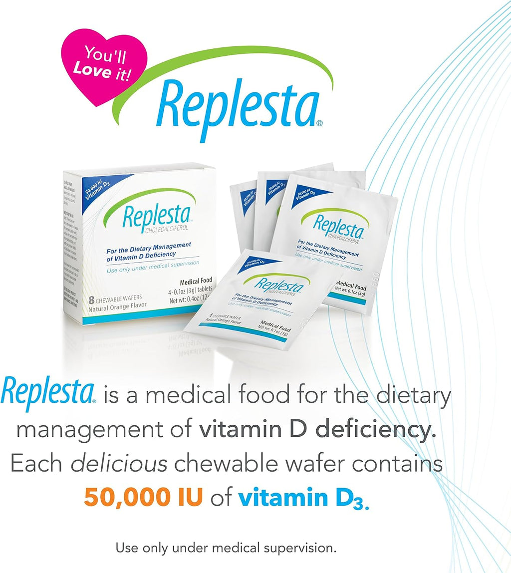 Replesta 50,000 UI Vitamina D3 (Colecalciferol) - Comprimidos Masticables Sabor Naranja - 8 Unidades