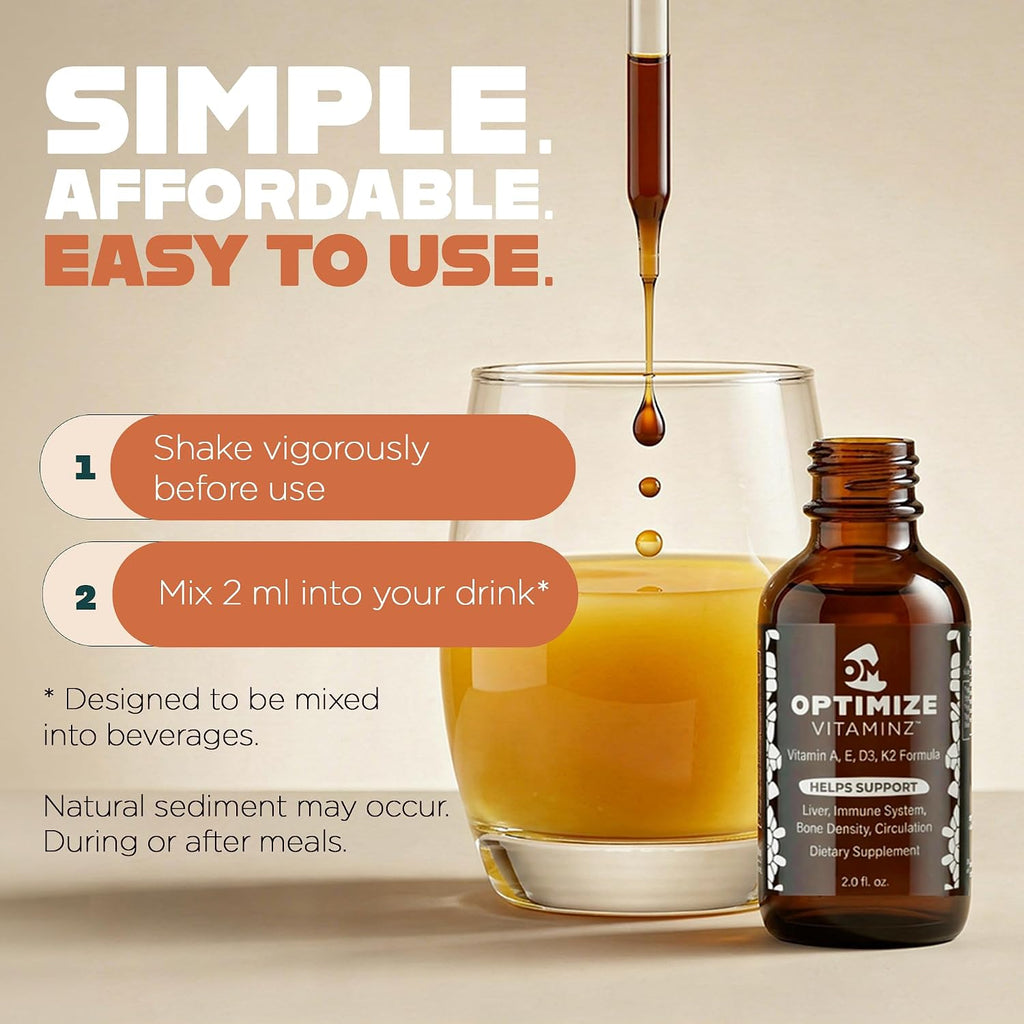 Optimize Vitaminz Líquido Vitamina D3 K2 con Diente de León y Arándano – Apoyo Inmunitario, Huesos e Hígado – Fórmula MK-7 de Rápida Absorción – 30 Días, 60 ml