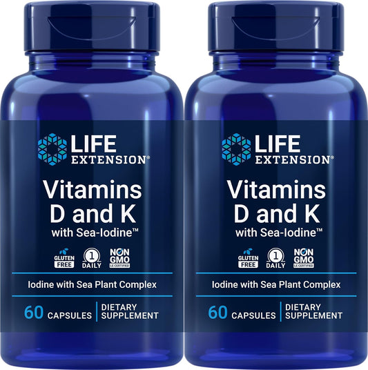 Life Extension Vitaminas D y K con Yodo Marino - 60 Cápsulas (Pack de 2)