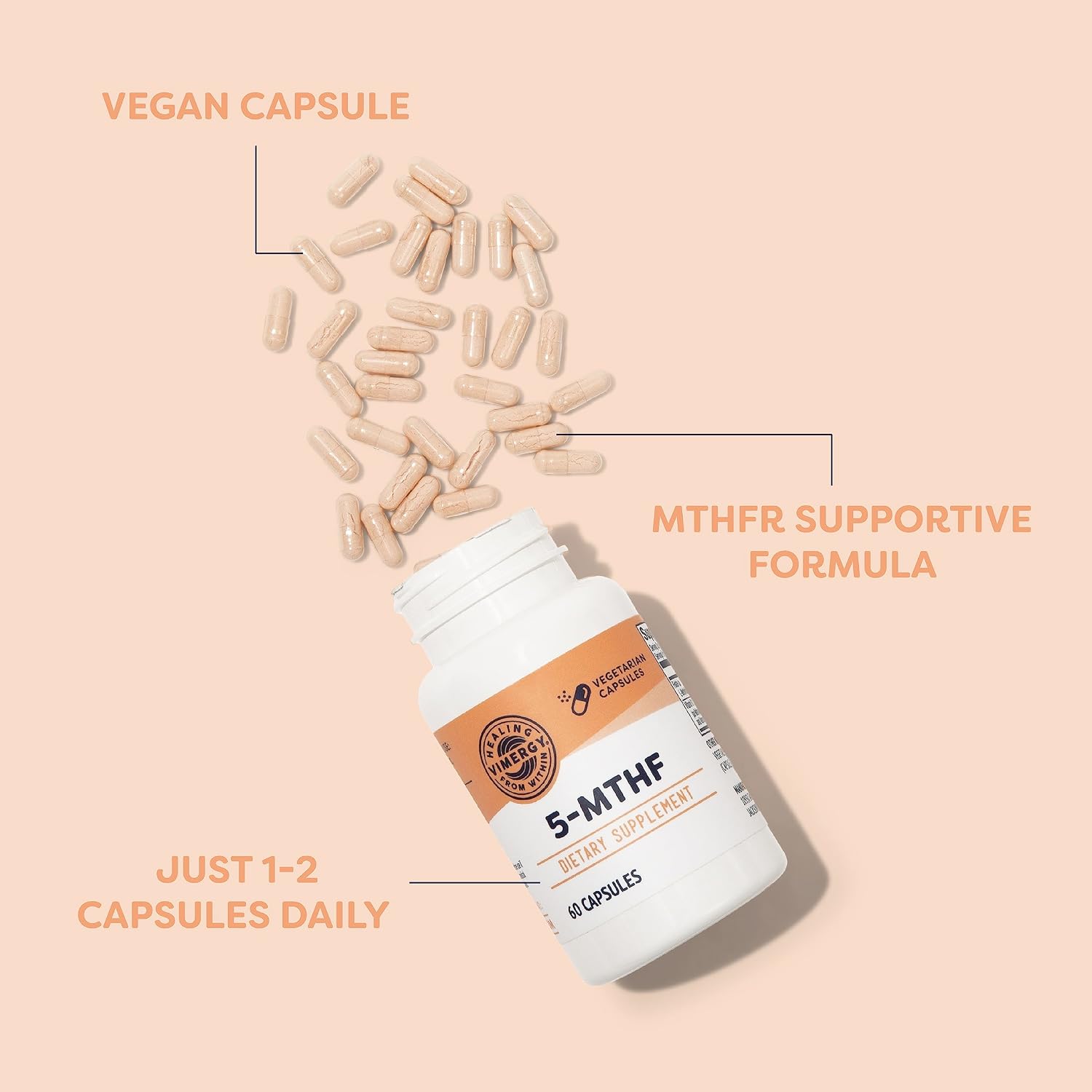 Vimergy 5-MTHF Cápsulas, 60 dosis, 5 mg L-Metilfolato + 500 mcg Vitamina B12, Complemento vegano