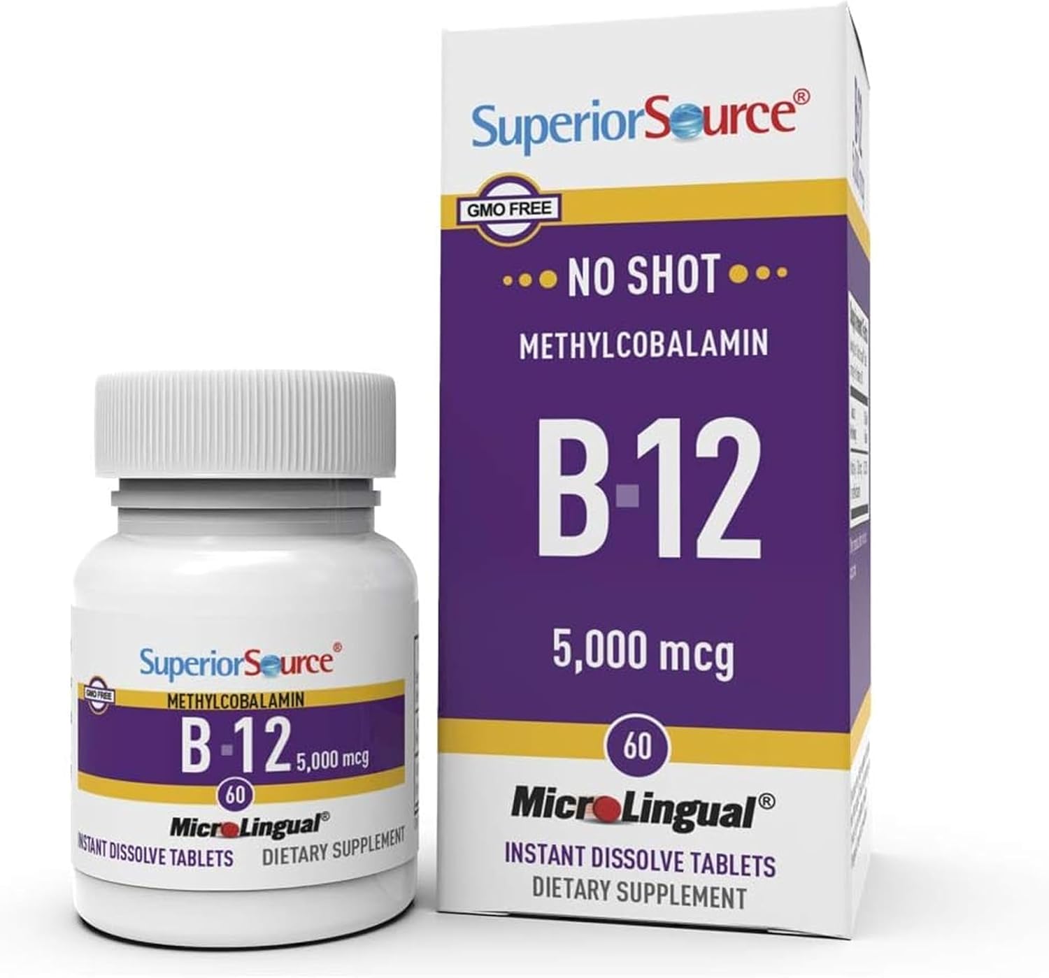 Superior Source No Shot Methylcobalamin B12 5000 mcg - Fast Absorbing Sublingual Tablets for Energy and Brain Health - 60 Count
