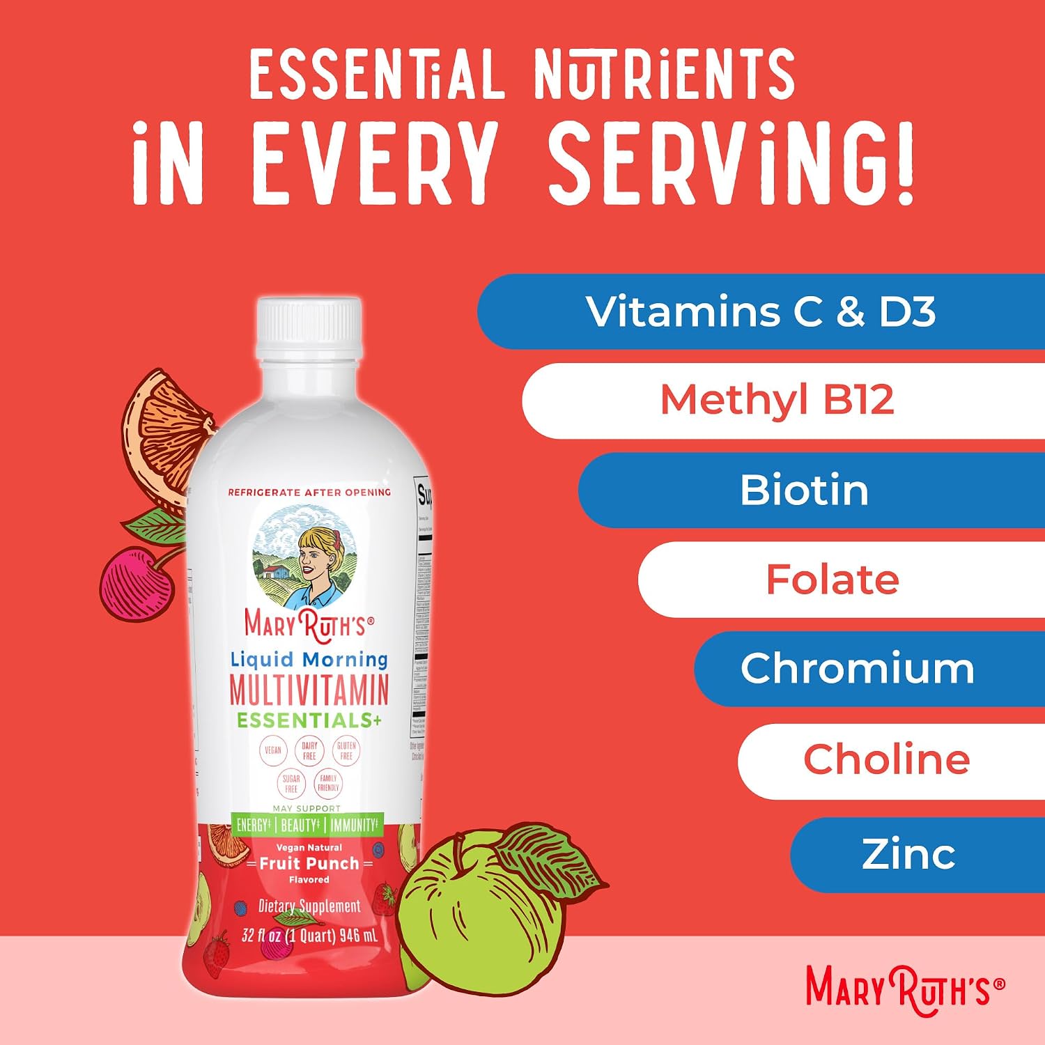 MaryRuth's Liquid Morning Multivitamin Essentials+ - Multivitamínico Líquido para Adultos y Niños - 946 ml