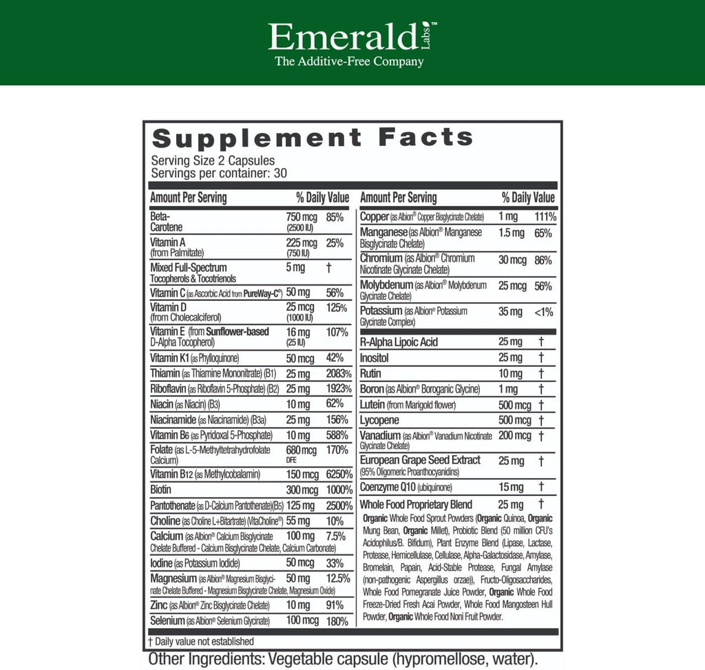 EMERALD LABS Complete Premium Multi - Complete Multivitamin with Digestive and Immune Support - 60 Vegetable Capsules