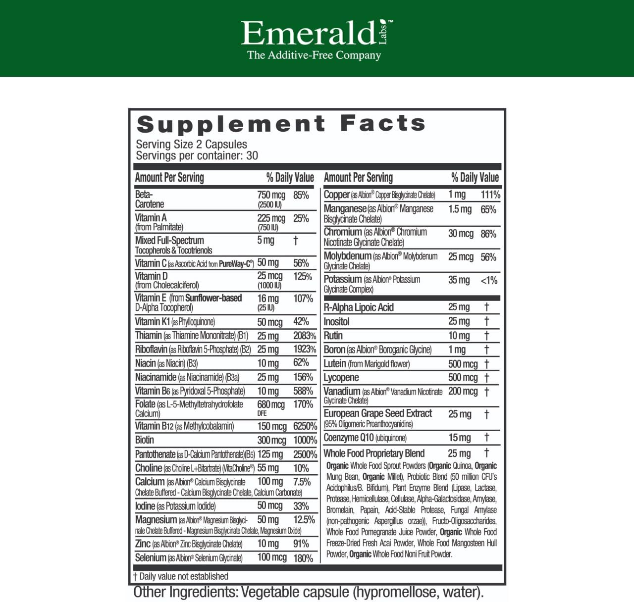 EMERALD LABS Complete Premium Multi - Complete Multivitamin with Digestive and Immune Support - 60 Vegetable Capsules