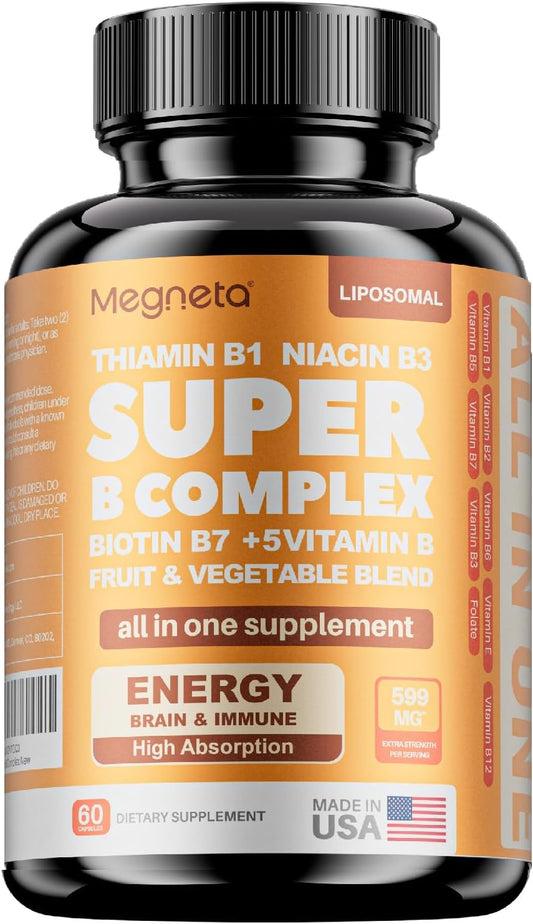 MEGNETA Complejo Vitamínico B Hombres y Mujeres - Mezcla de Frutas y Verduras B-Complex con B1, B2, B3, B5, B6, B7, B12, Vitamina E, Folato - Suplemento Energía, Cerebro y Corazón, 60 Cápsulas
