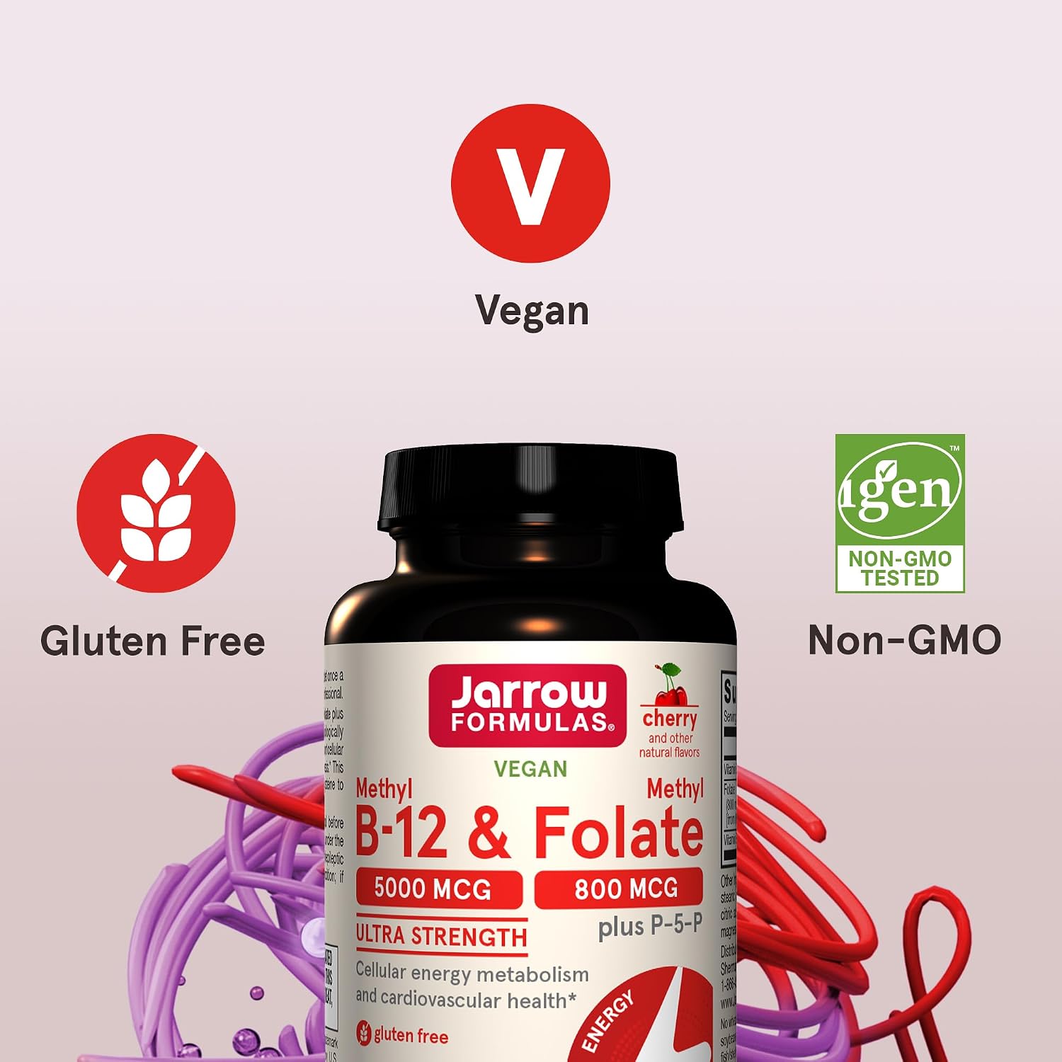 Jarrow Formulas Ultra Strength Metil B-12 5000 mcg + Metil Folato 800 mcg + P-5-P, 60 Comprimidos Masticables