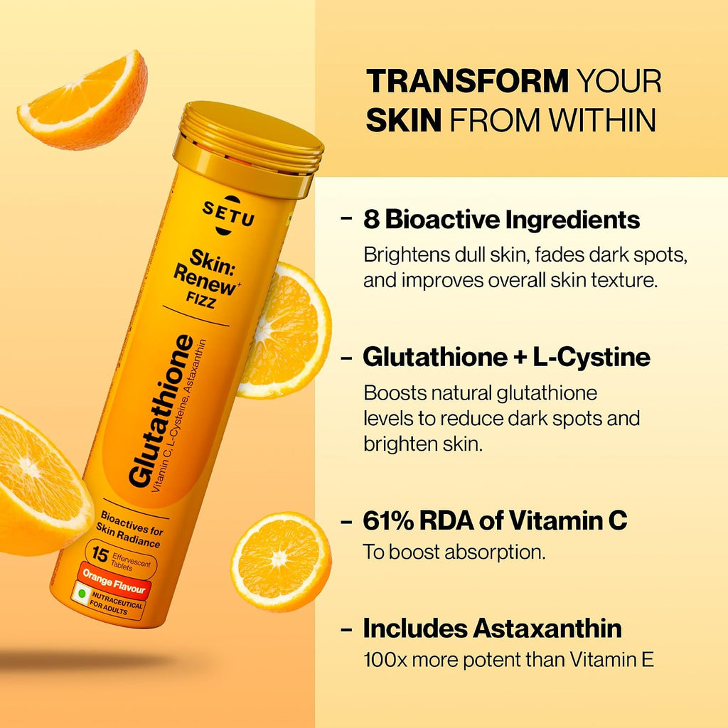 SETU Skin Renew Gluta Fizz: Glutatión con Vitamina C, 30 Comprimidos Efervescentes Sabor Naranja