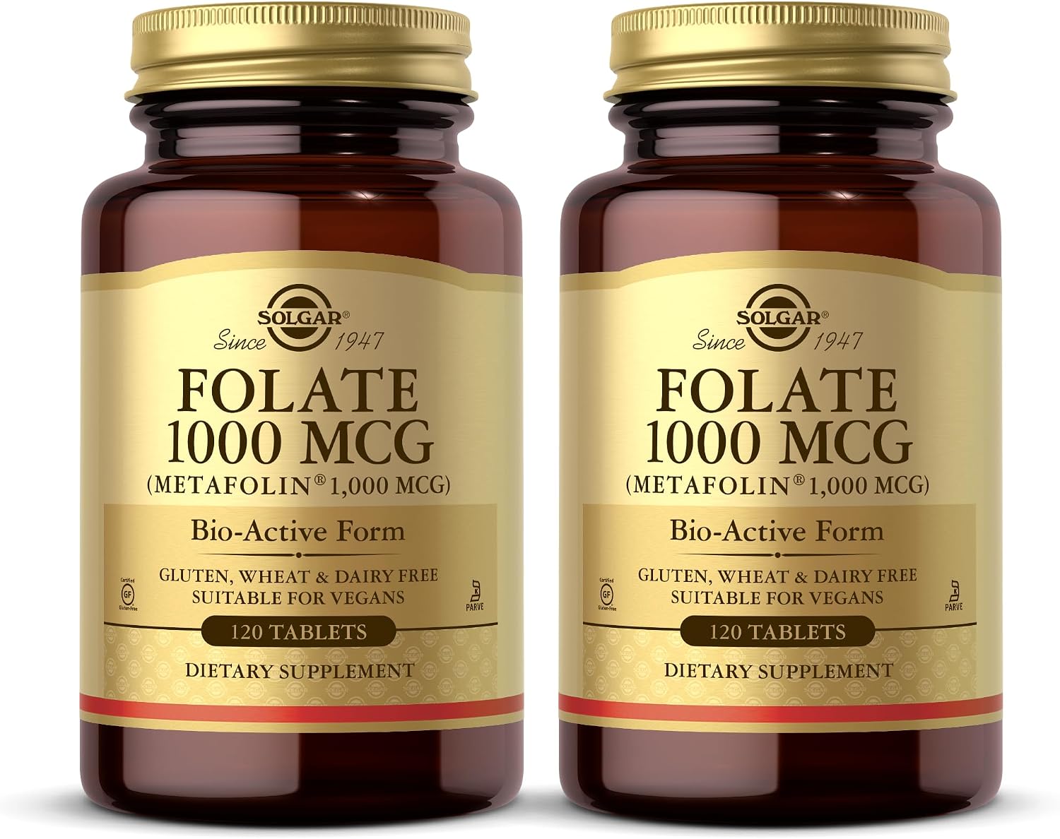 Solgar Folato 1000 mcg - 120 Comprimidos, Pack de 2 - 1000 mcg Metafolina Bioactiva - Vegano, Sin Gluten, Sin Lácteos, Kosher - 240 Dosis Totales