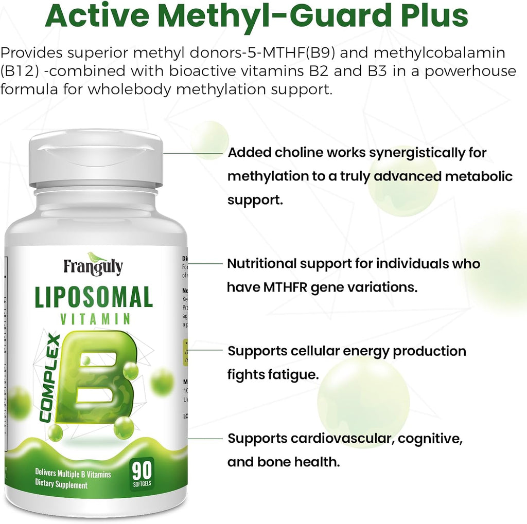Liposomal B Complex for High Absorption Methylated B12, L-Methylfolate (5-MTHF), Full Active B Vitamins with Choline Inositol - Energy, Metabolism, Brain & Heart Support, Vegan, Non-GMO, 3 Month Supply