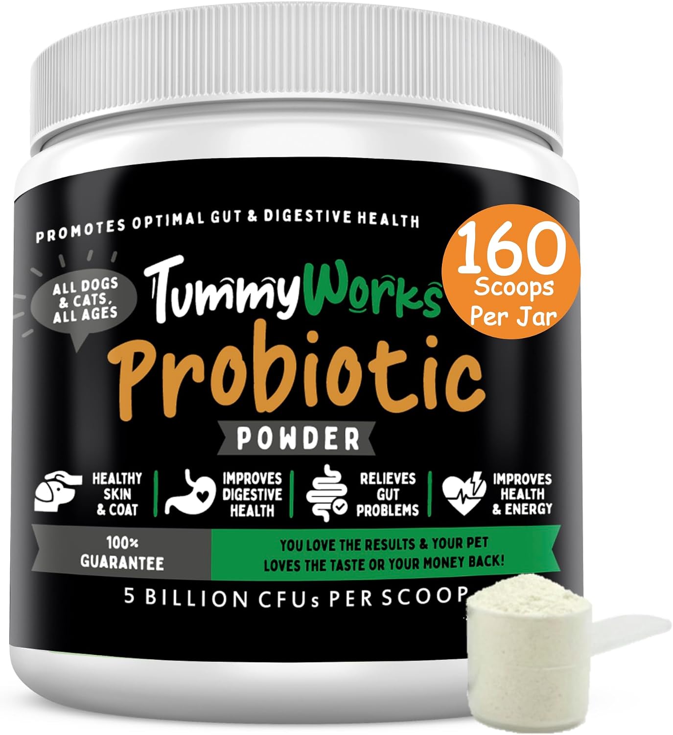 TummyWorks Probióticos para Perros y Gatos - 160 Dosis en Polvo con 10 Cepas, 5 mil millones de UFC, Enzimas y Prebióticos