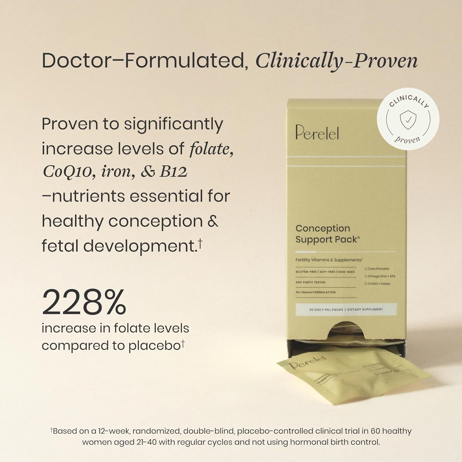 Perelel Pack de Apoyo a la Concepción con COQ10, Folato y Omega-3 DHA+EPA - 30 Sobres Diarios