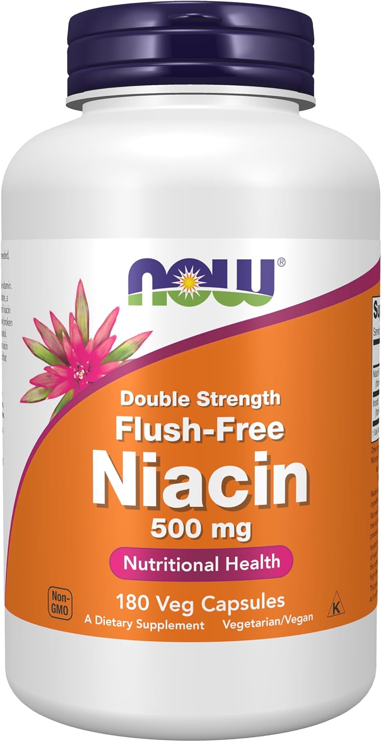 NOW Foods Niacina (Vitamina B3) 500 mg, Sin Enrojecimiento, Doble Concentración, 180 Cápsulas Veganas