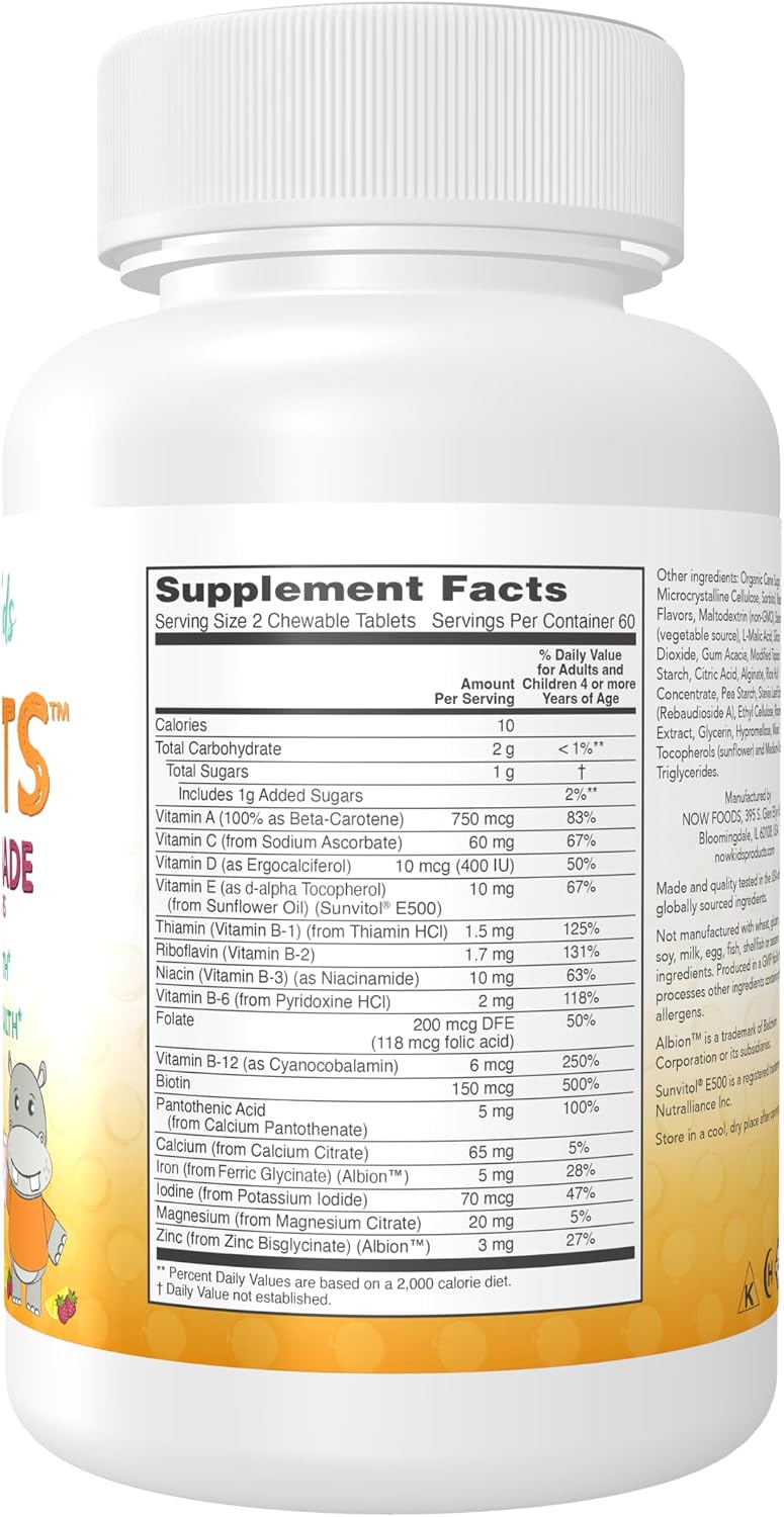 NOW Foods Kid Vits Multivitamínico Infantil, Sabor Limonada, 120 Comprimidos Masticables