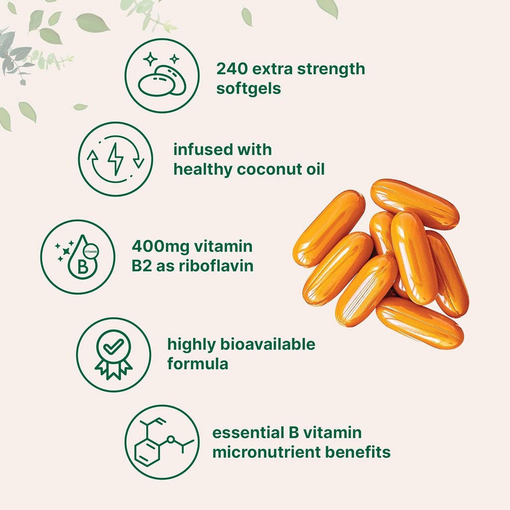 Vitamina B2, Riboflavina 400mg | 240 Cápsulas Blandas con Aceite de Coco | Alta Biodisponibilidad | Fuerza Extra | Complementos de Vitamina B para Energía | para Mujeres y Hombres | Sin OGM, Sin Gluten