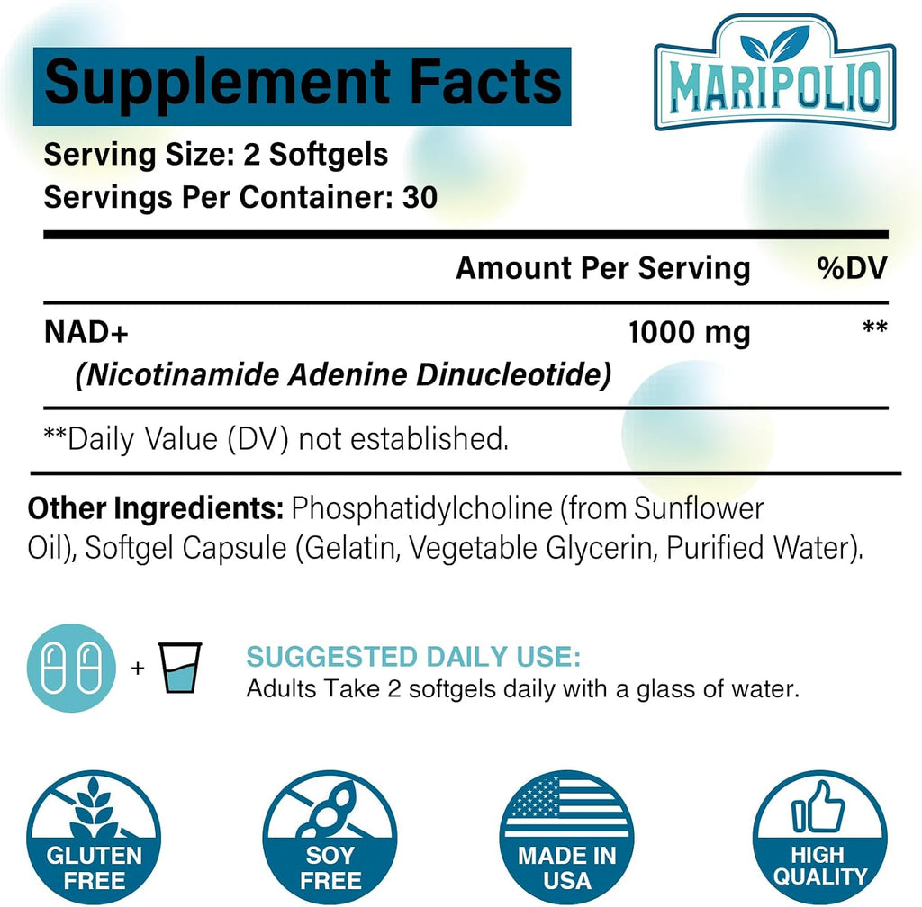 Maripolio NAD+ Liposomal 1000 mg | Alta Biodisponibilidad | Apoyo al Metabolismo Energético Celular | Suplemento de NAD+ Puro para Hombres y Mujeres, 60 Cápsulas Blandas