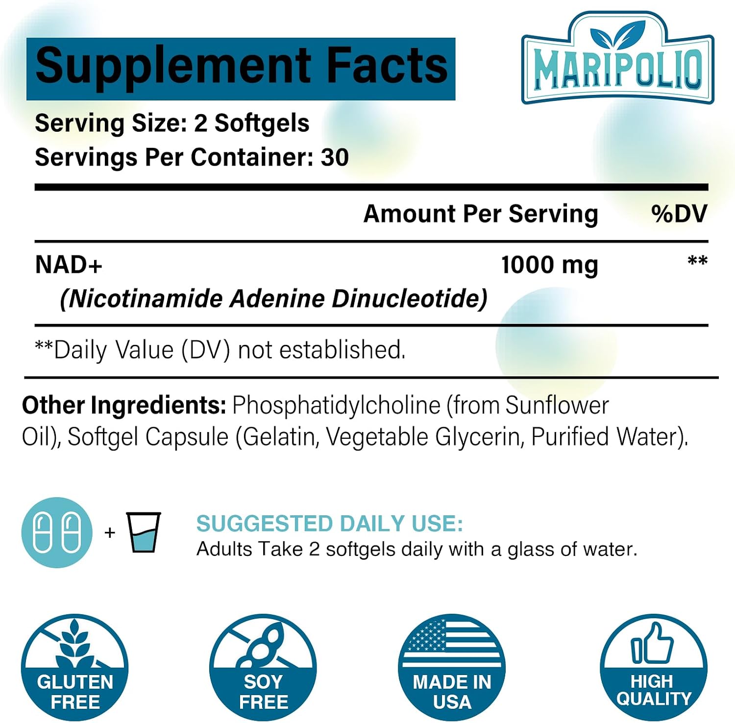 Maripolio NAD+ Liposomal 1000 mg | Alta Biodisponibilidad | Apoyo al Metabolismo Energético Celular | Suplemento de NAD+ Puro para Hombres y Mujeres, 60 Cápsulas Blandas