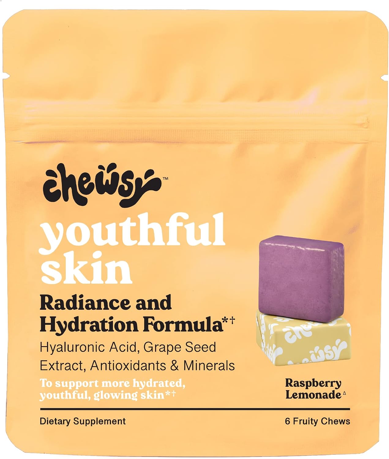 Chewsy Youthful Skin - Gomitas de vitaminas para una piel radiante e hidratada, con ácido hialurónico, extracto de semilla de uva, antioxidantes y minerales, sabor frambuesa limón (envase de 6 días)