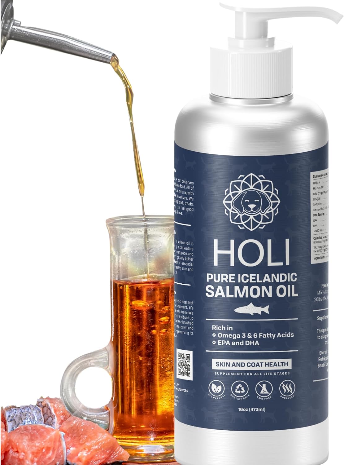 HOLI Aceite de Salmón para Perros y Gatos | Aceite de Pescado Islandés | Omega 3 EPA + DHA Apoya la Movilidad Articular, Salud Inmunológica y Cardíaca | Líquido