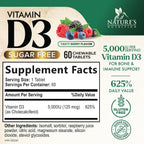 Vitamina D3 5000 UI (125 mcg) por Dosis - Comprimidos Masticables Extra Fuertes sin Azúcar - Apoyo Inmunitario, Huesos, Dientes y Músculos - Sin Gluten - 60 Comprimidos