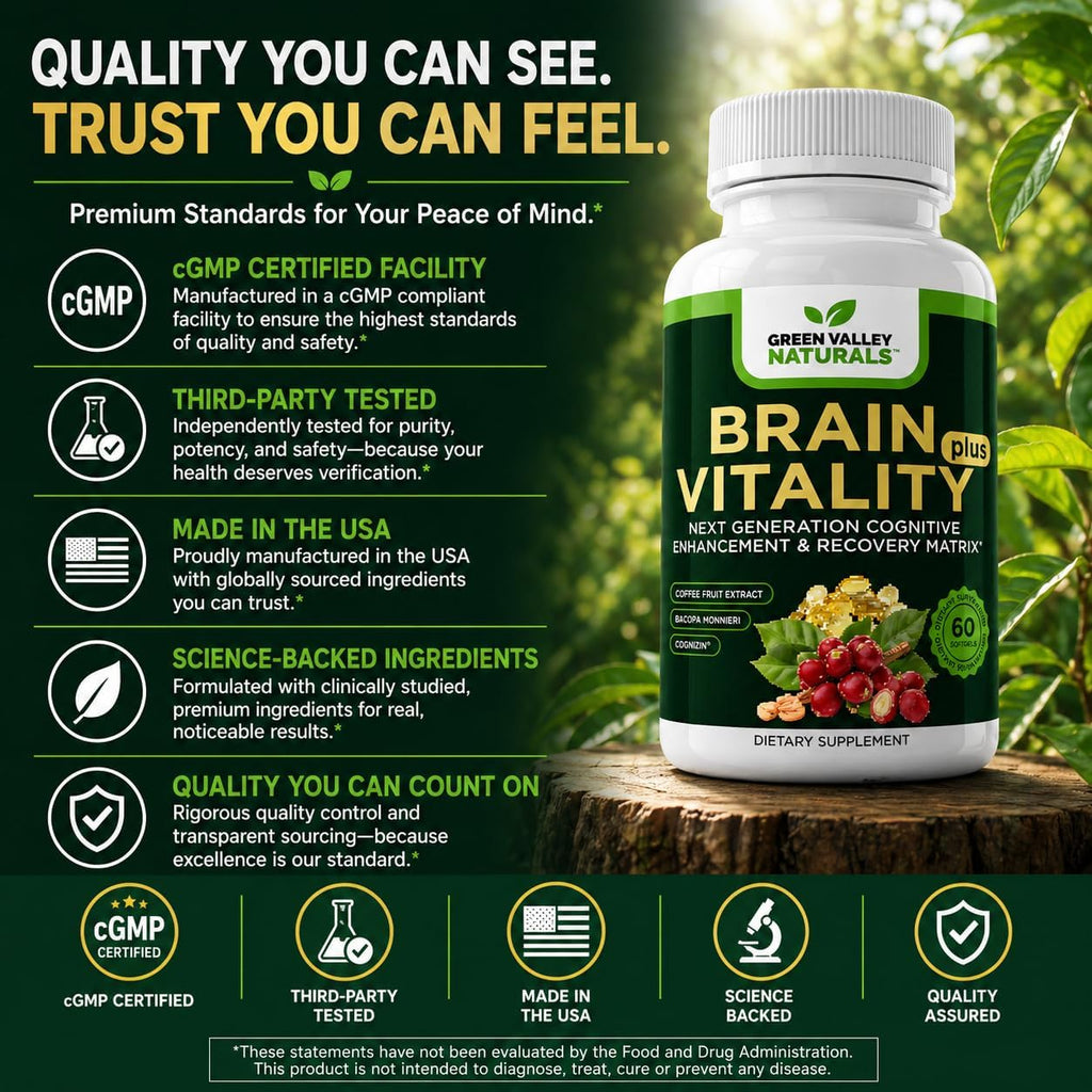 GREEN VALLEY NATURALS Brain Vitality Plus™ – Apoyo Cognitivo para Memoria, Concentración y Claridad Mental con Cognizin® Citicolina, Bacopa Monnieri y DHA Omega-3 | 60 Cápsulas Blandas