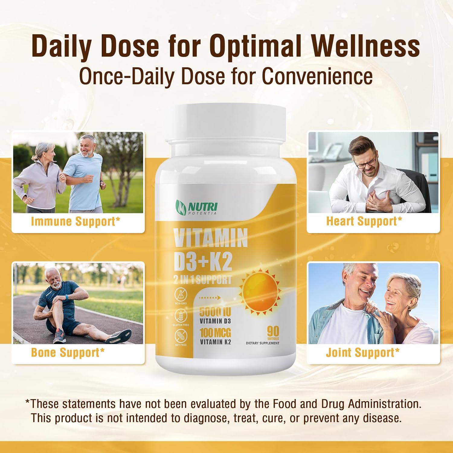 NUTRI POTENTIA Vitamina D3 + K2 con Aceite MCT, 5000 UI D3 y 100 mcg K2 (MK-7), 90 Cápsulas Blandas