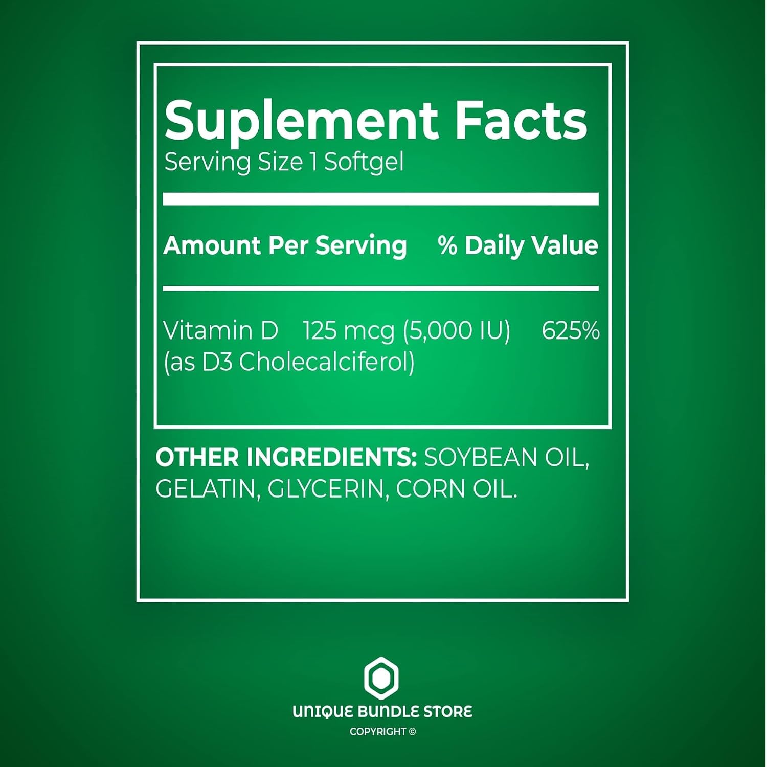 Vitamina D3 5000 IU (125 mcg) – 200 Softgels (Pack de 2) – Suplemento de Alta Potencia para Huesos e Inmunidad