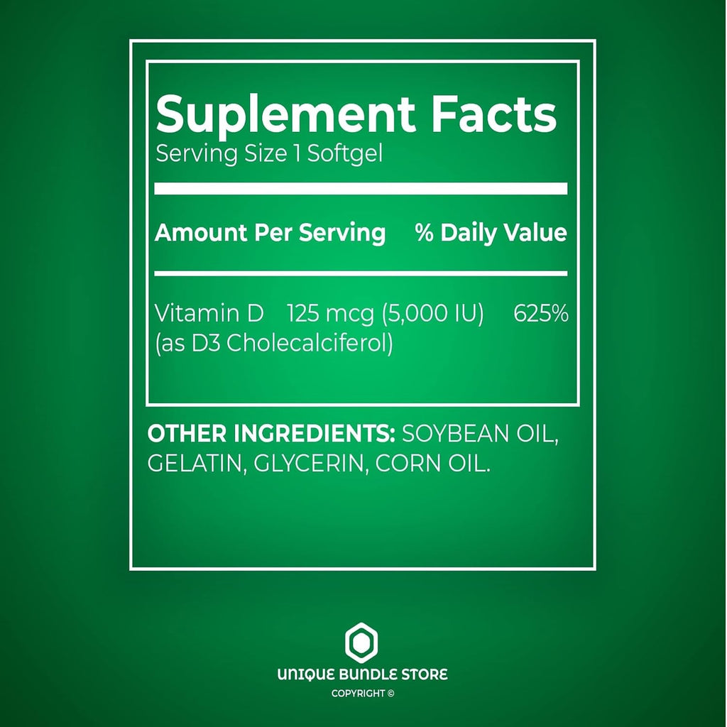 Vitamina D3 5000 IU (125 mcg) – 100 Cápsulas Blandas, Alta Potencia, Apoyo Óseo e Inmune
