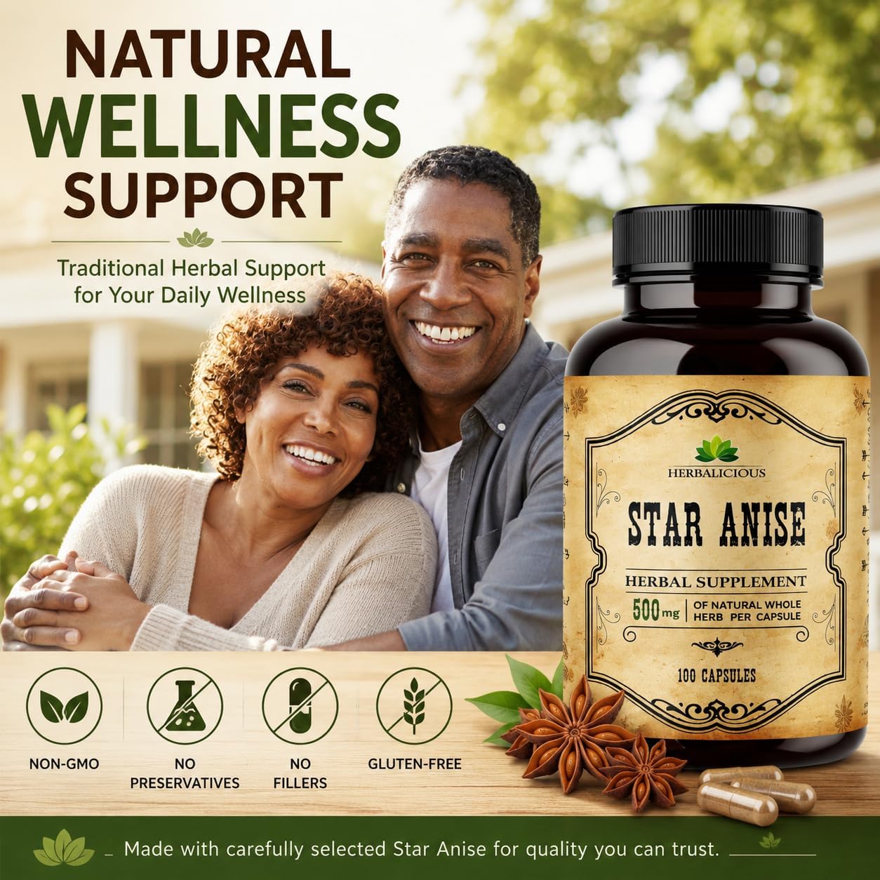 HERBALICIOUS Suplemento de Anís Estrellado Orgánico – 100 Cápsulas – 1000mg – Sin Rellenos ni Conservantes