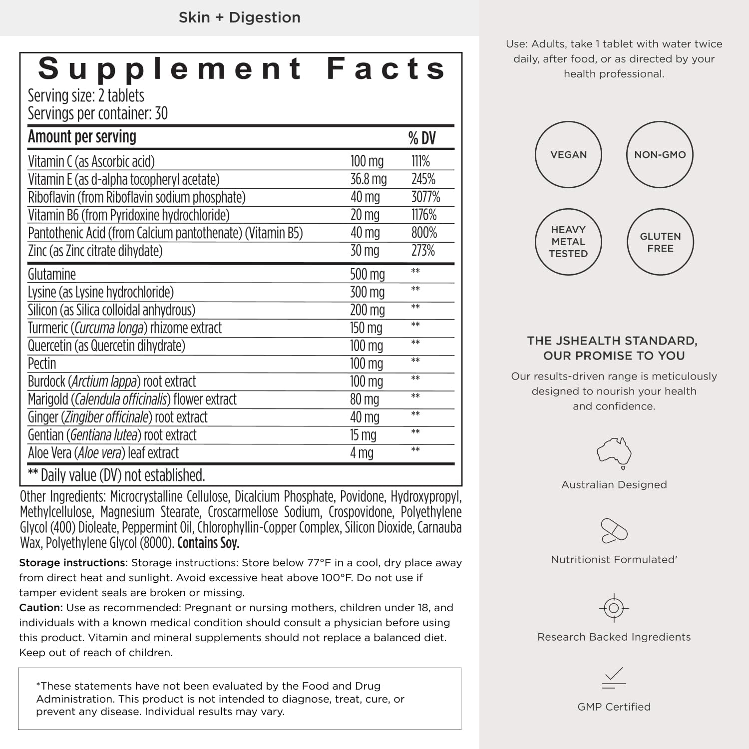 JSHealth Skin and Digestion Formula – Complemento para piel y digestión con Zinc, Bardana y Cúrcuma (60 Comprimidos)