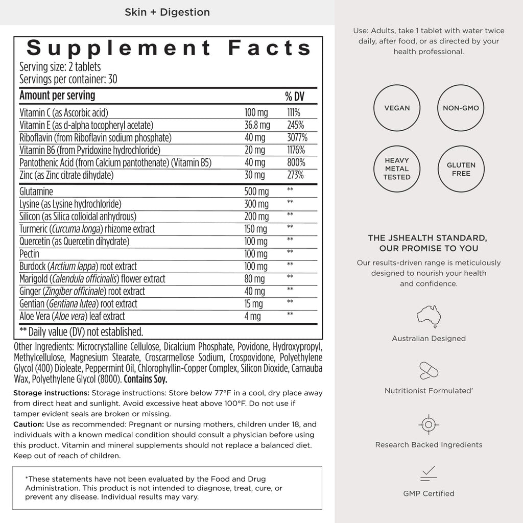 JSHealth Vitamins Skin and Digestion Formula – Complemento para piel y digestión con zinc, 120 comprimidos