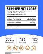 Glutatión Reducido Cápsulas 500mg - Suplemento de Glutatión - Sin Gluten, 120 Cápsulas