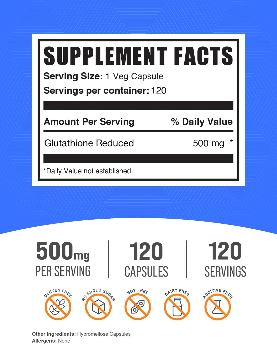 Glutatión Reducido Cápsulas 500mg - Suplemento de Glutatión - Sin Gluten, 120 Cápsulas