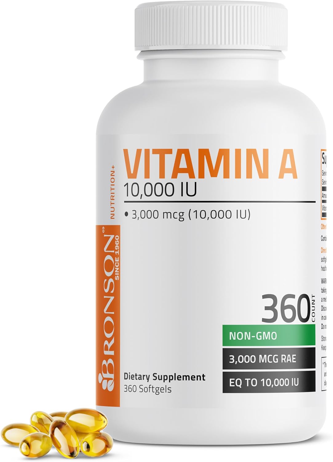 Bronson Vitamina A 10.000 UI - Fórmula Premium No-GMO - 180 Cápsulas Blandas