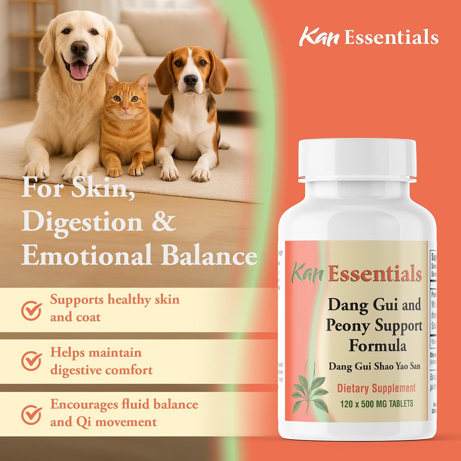 Kan Herb Essentials Dang Gui and Peony Support – Traditional Chinese Herbal Blend for Dogs and Cats, 120 Tablets