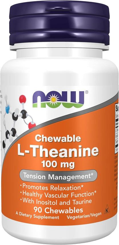 NOW Foods, L-Teanina 100 mg con Inositol y Taurina, 90 Comprimidos Masticables – Image 1