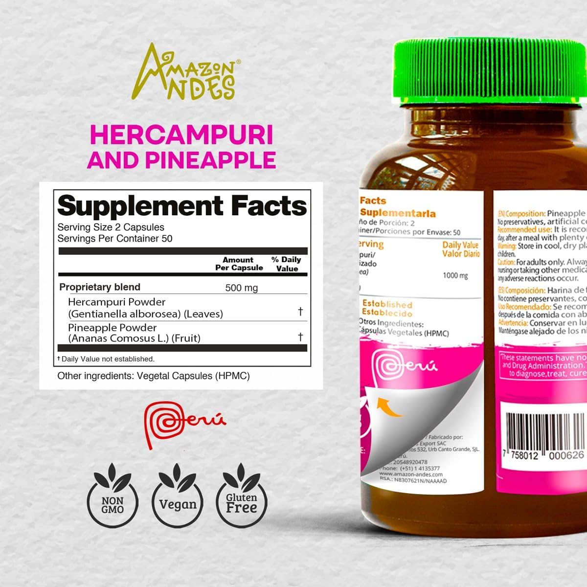 Hercampuri Cápsulas 1500mg | Suplemento Vegano de Origen Peruano