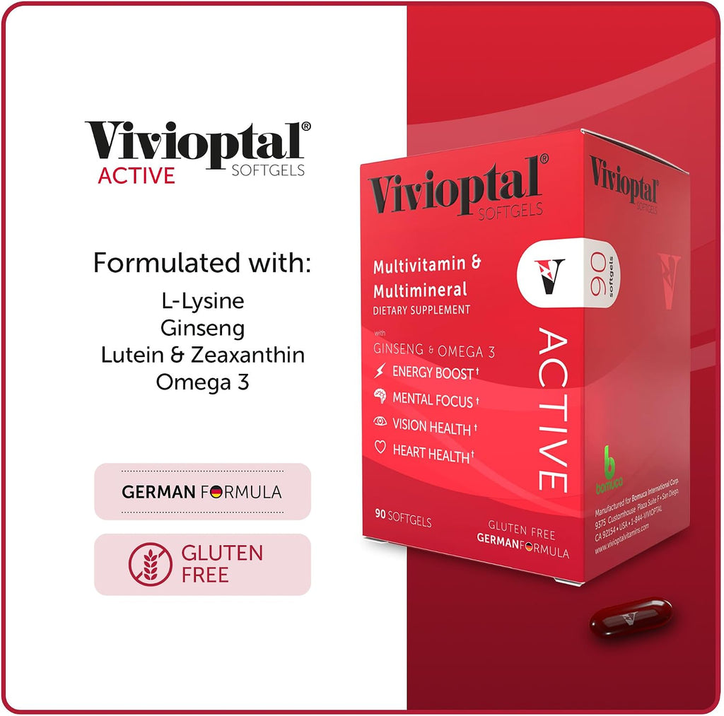 Vivioptal Active, 90 Softgels, Multivitamin with Ginseng and Omega-3, German Formula, Gluten-Free
