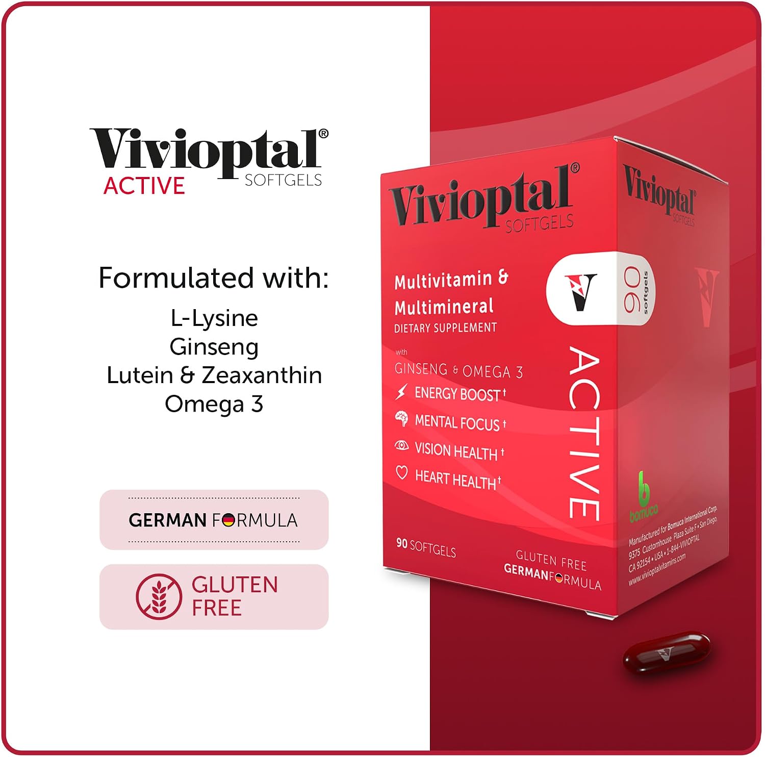 Vivioptal Active, 90 Softgels, Multivitamin with Ginseng and Omega-3, German Formula, Gluten-Free
