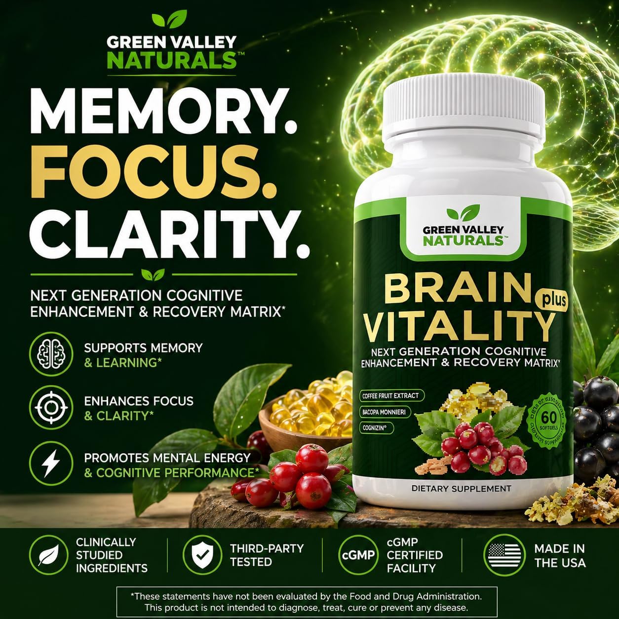 GREEN VALLEY NATURALS Brain Vitality Plus™ – Apoyo Cognitivo para Memoria, Concentración y Claridad Mental con Cognizin® Citicolina, Bacopa Monnieri y DHA Omega-3 | 60 Cápsulas Blandas