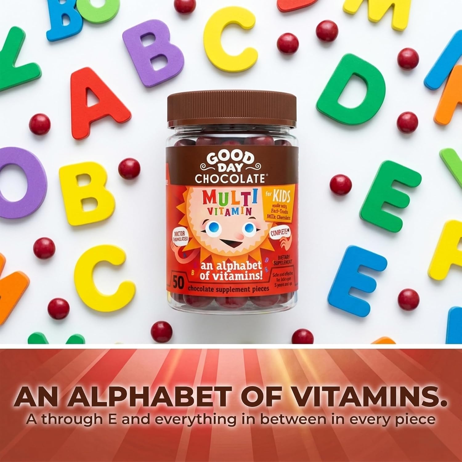 Good Day Chocolate Multivitamínico Completo para Niños – Suplemento Diario con Vitaminas A, B6, B12, C, D, E, Folato y Biotina, Chocolate de Comercio Justo y Sin OGM, 50 Piezas