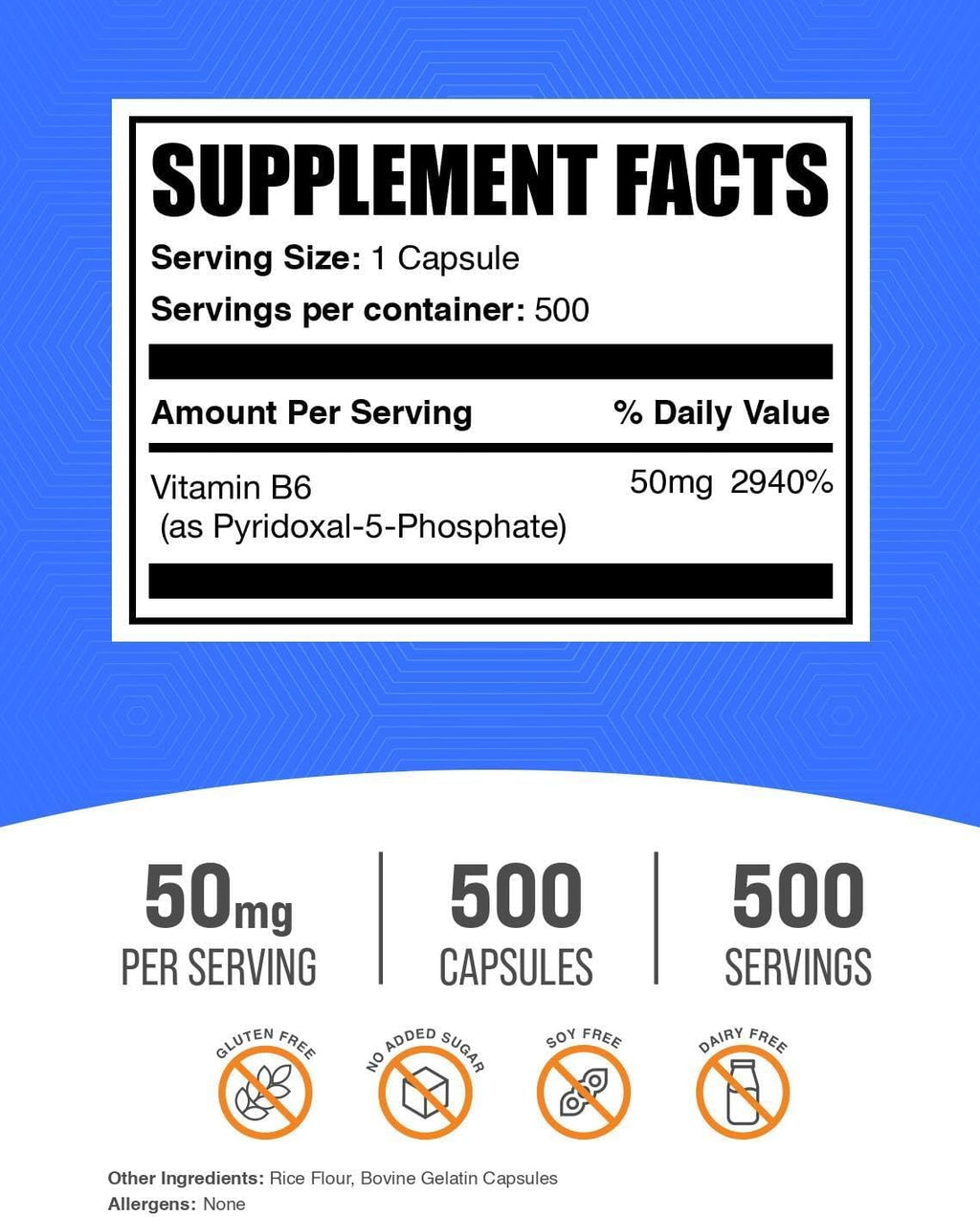 BulkSupplements Piridoxal 5-Fosfato Cápsulas – Suplemento P5P, Vitamina B6 Activa, Sin Gluten, 50 mg, 500 Unidades
