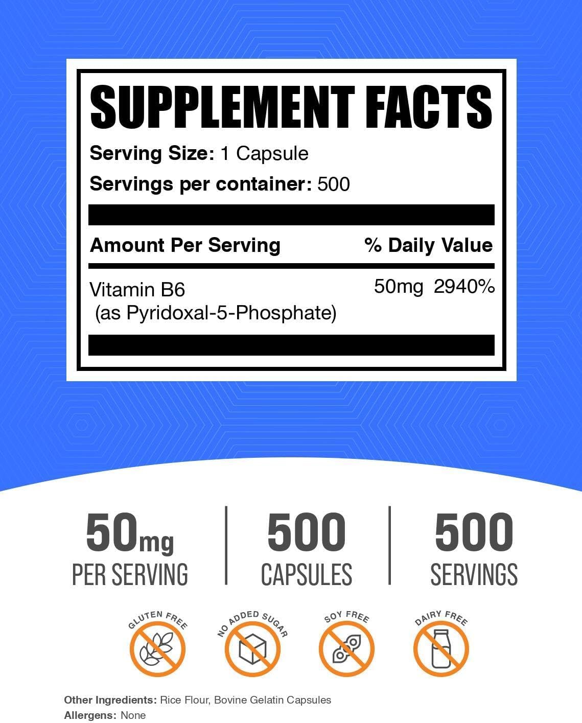 BulkSupplements Piridoxal 5-Fosfato Cápsulas – Suplemento P5P, Vitamina B6 Activa, Sin Gluten, 50 mg, 500 Unidades