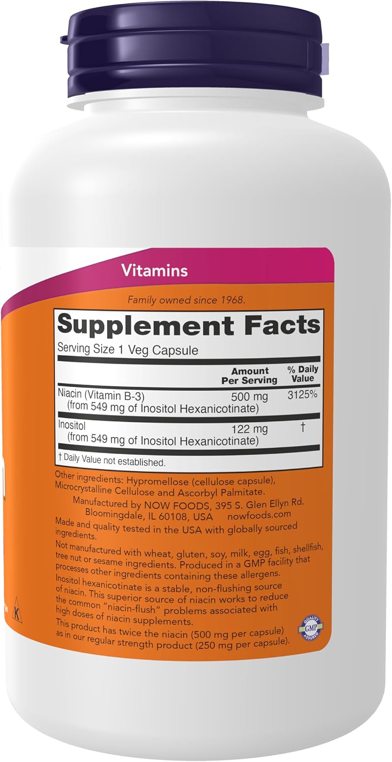 NOW Foods Niacina (Vitamina B3) 500 mg, Sin Enrojecimiento, Doble Concentración, 180 Cápsulas Veganas