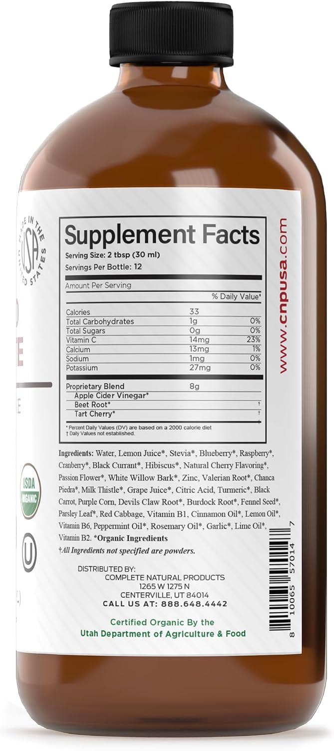 Complete Natural Uric Acid Complete - Suplemento Líquido para el Apoyo del Ácido Úrico, Salud Renal y Circulación Sanguínea con Vinagre de Manzana, Cereza Ácida, Remolacha, Limón y Canela - 355 ml