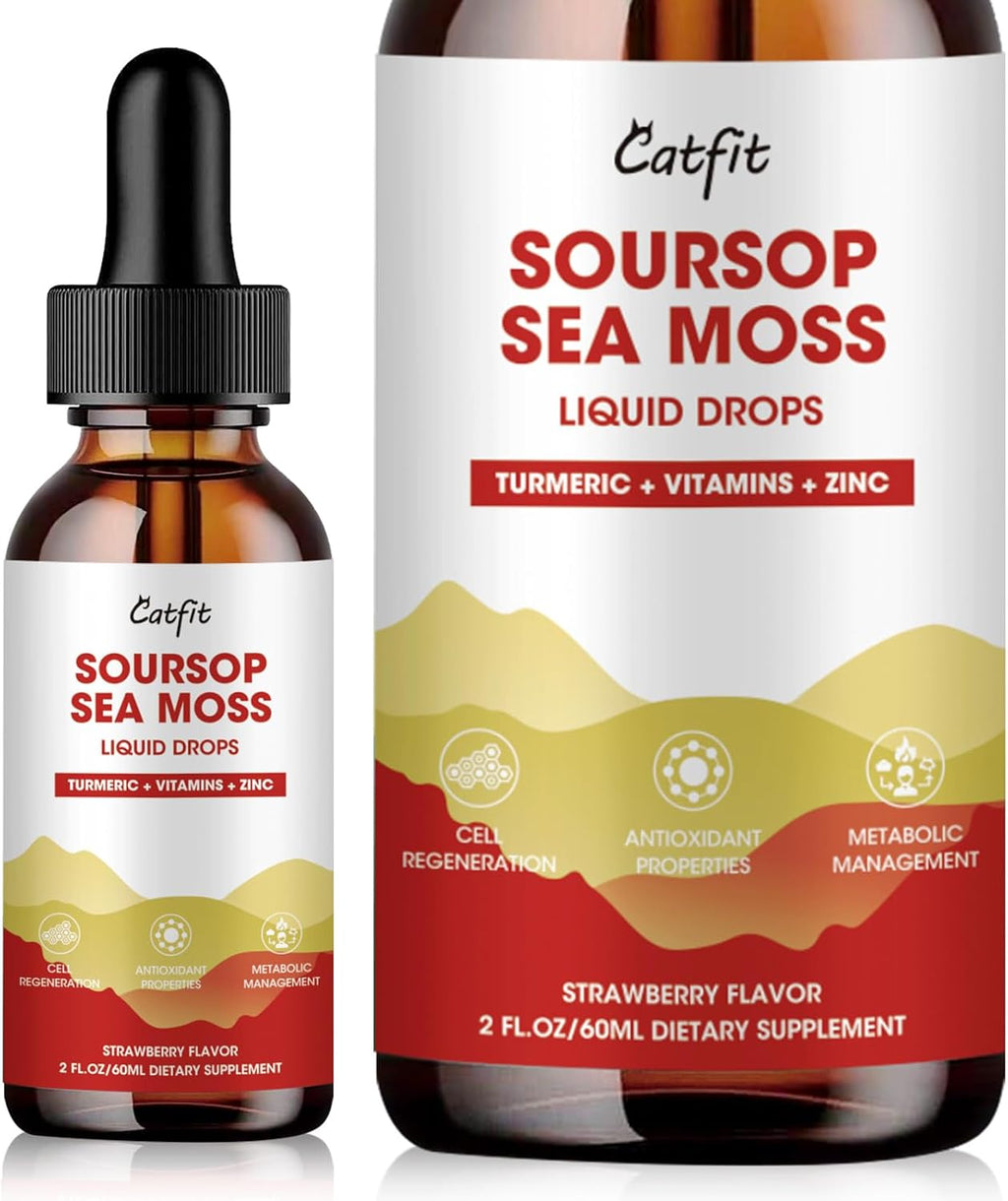 Catfit Soursop Graviola Liquid Drop – Gotas Líquidas de Guanábana con Musgo Marino, Cúrcuma y Zinc, Sabor Fresa, 60 ml